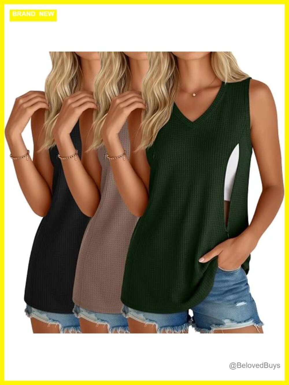 3 Pack Nursing Tank Tops V Neck Sleeveless Waffle Zippers Breastfeeding Shirts
